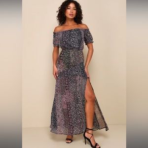 Neva Navy Blue Floral Print Off-the-Shoulder Maxi Dress